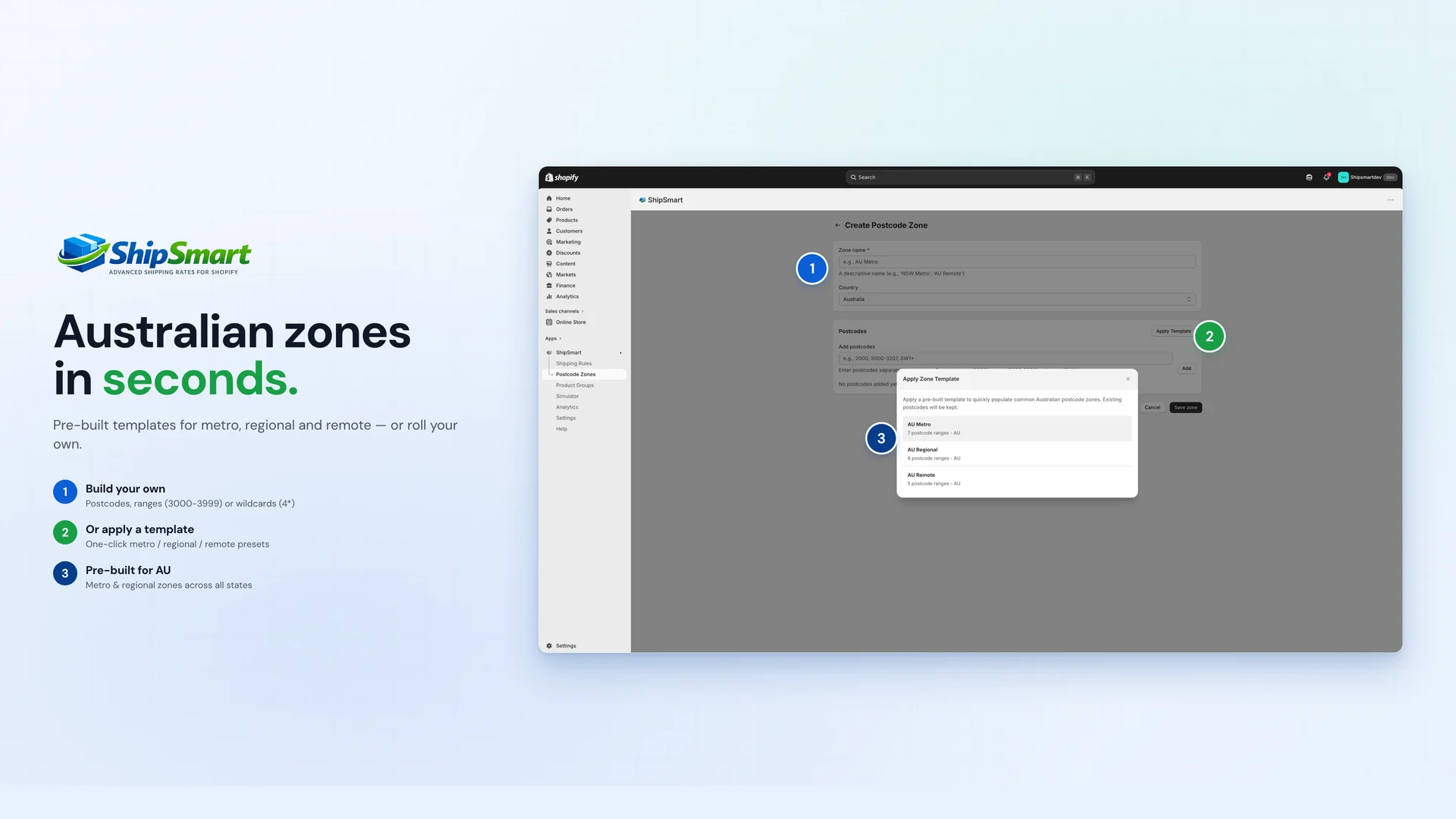 Postcode zone editor with Australian metro / regional / remote templates