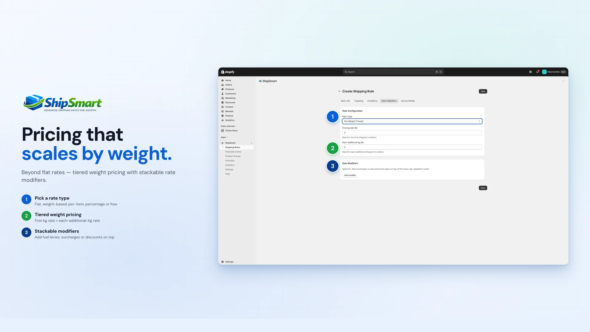 Per-weight tiered rule editor with rate modifiers
