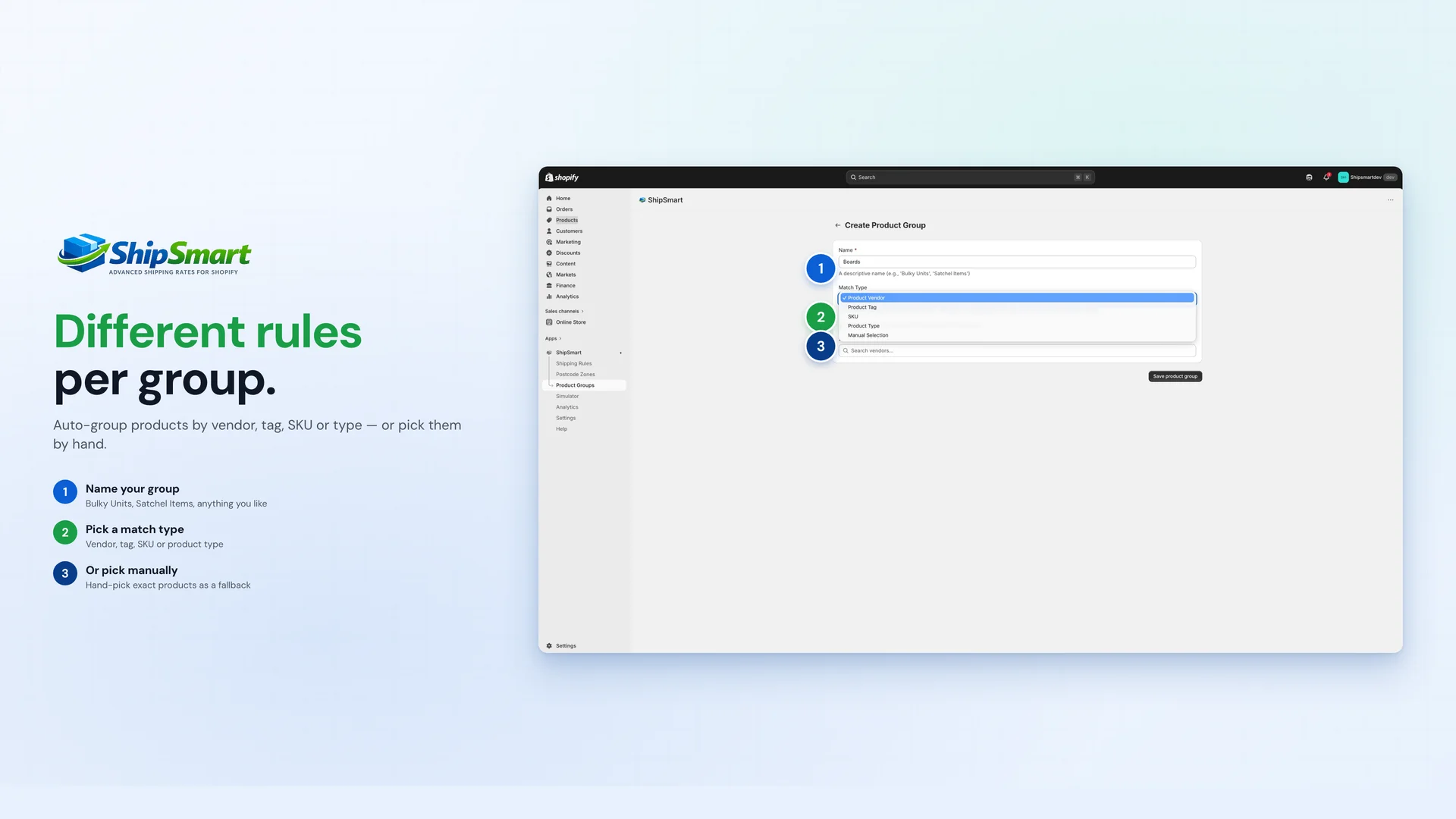 Product group editor with match-type dropdown